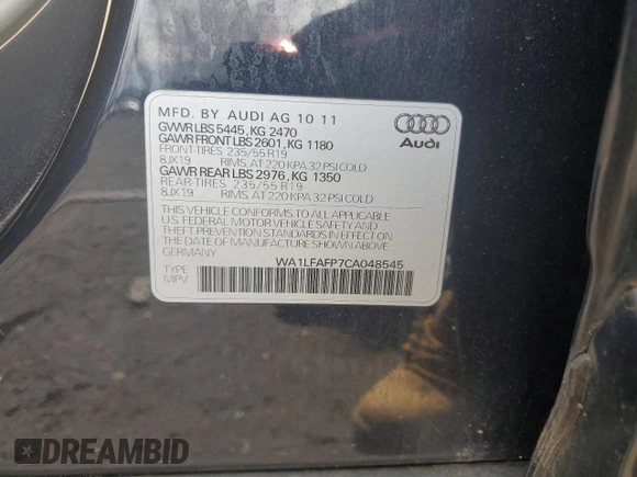 2012 Audi Q5 Premium Plus z VIN WA1LFAFP7CA048545, wystawiony jako Copart lot #51702515 z przebiegiem Nie podano mil oraz Czysty tytuł • Clean title. Historia ofert i sprzedaży dostępna na DreamBid. Obrazek 12.