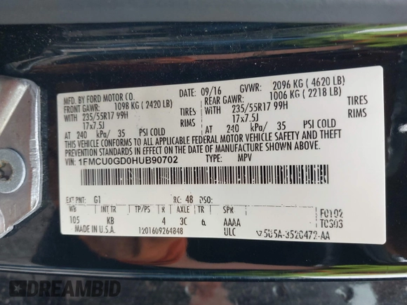 2017 Ford Escape SE with VIN 1FMCU0GD0HUB90702, listed as a IAAI auction lot 42141383 with 174,265 mi miles. Bid and sale history available at carsss.com. Image 9.