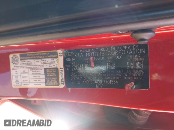 2015 Kia Sportage LX with VIN KNDPBCAC6F7701564, listed as a IAAI auction lot 41872684 with 162,945 mi miles and . Bid and sale history available at DreamBid. Image 9.