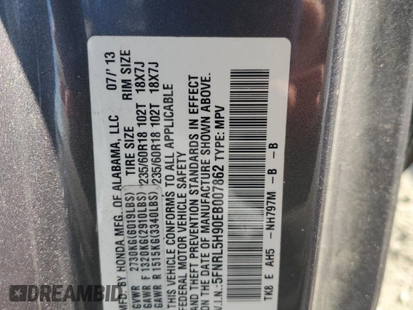 2014 Honda Odyssey Touring z VIN 5FNRL5H90EB007862, wystawiony jako Copart lot #60470005 z przebiegiem 135 686 mil mil oraz Czysty tytuł • Clean title. Historia ofert i sprzedaży dostępna na DreamBid. Obrazek 13.