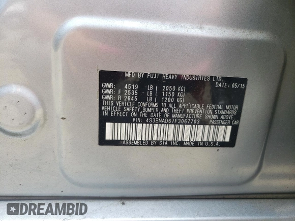 2015 Subaru Legacy Premium with VIN 4S3BNAD67F3067703, listed as a Copart auction lot 59162495 with 169,815 mi miles and Salvage title. Bid and sale history available at DreamBid. Image 13.