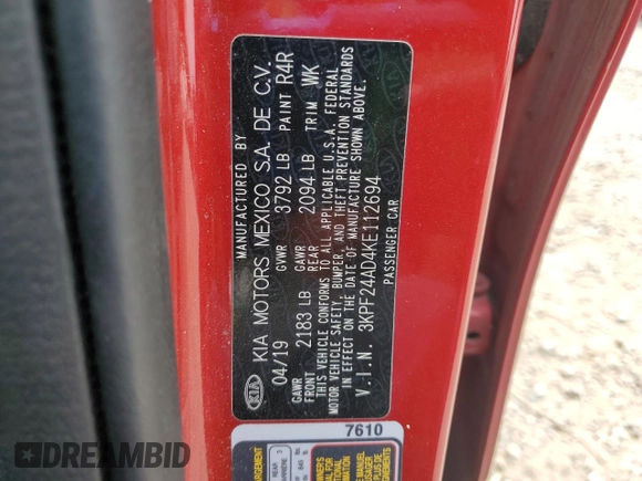 2019 Kia Forte LXS z VIN 3KPF24AD4KE112694, wystawiony jako Copart lot #58161465 z przebiegiem 112 375 mil mil oraz Szkoda całkowita • Salvage title. Historia ofert i sprzedaży dostępna na DreamBid. Obrazek 12.