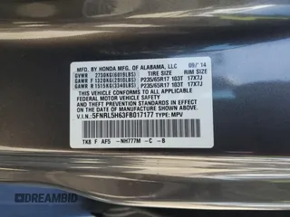 2015 Honda Odyssey EX-L with VIN 5FNRL5H63FB017177, listed as a Copart auction lot 52347205 with 83,148 mi miles and Salvage Title. Bid and sale history available at DreamBid. Image 13.