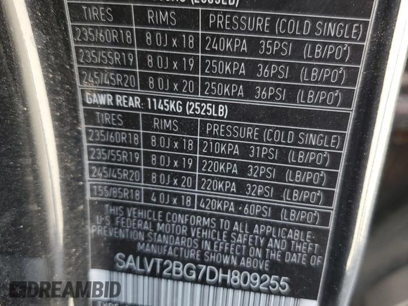 2013 Land Rover Range Rover Evoque Dynamic Premium z VIN SALVT2BG7DH809255, wystawiony jako Copart lot #55775525 z przebiegiem 167 292 mil mil oraz Szkoda całkowita • Salvage title. Historia ofert i sprzedaży dostępna na DreamBid. Obrazek 13.