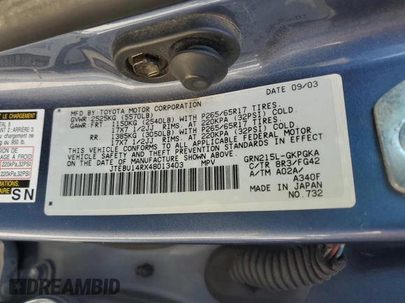 2004 Toyota 4Runner SR5 with VIN JTEBU14RX48013403, listed as a Copart auction lot 57431935 with 284,507 mi miles and Salvage title. Bid and sale history available at DreamBid. Image 14.
