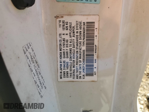 2011 Honda CR-Z with VIN JHMZF1C46BS009835, listed as a Copart auction lot 84601314 with Not Provided miles and Salvage Title. Bid and sale history available at carsss.com. Image 12.