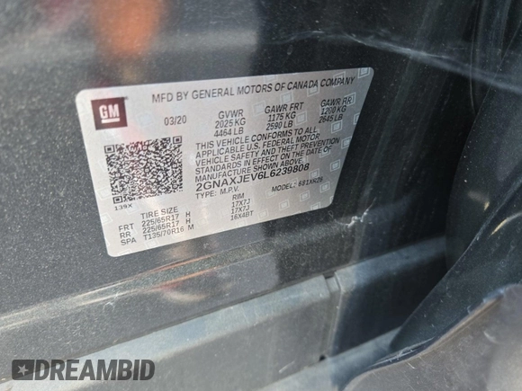 2020 Chevrolet Equinox LT z VIN 2GNAXJEV6L6239808, wystawiony jako IAAI lot #42396785 z przebiegiem 34 395 mil mil oraz . Historia ofert i sprzedaży dostępna na DreamBid. Obrazek 34.