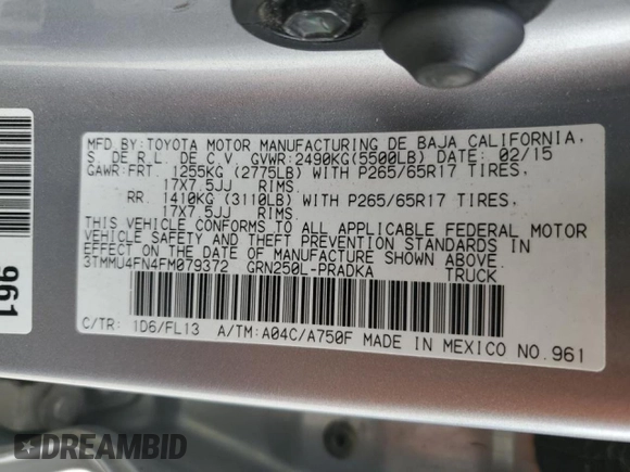 2015 Toyota Tacoma with VIN 3TMMU4FN4FM079372, listed as a Copart auction lot 55069965 with 188,147 mi miles and Clean title. Bid and sale history available at DreamBid. Image 12.