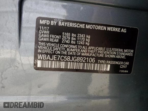 2018 BMW 5 Series 540i xDrive z VIN WBAJE7C58JG892106, wystawiony jako Copart lot #50320225 z przebiegiem 70 761 mil mil oraz Szkoda całkowita • Salvage title. Historia ofert i sprzedaży dostępna na DreamBid. Obrazek 14.