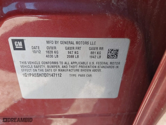 2013 Chevrolet Cruze LS with VIN 1G1PA5SH7D7147112, listed as a IAAI auction lot 41783962 with 95,045 mi miles. Bid and sale history available at carsss.com. Image 9.