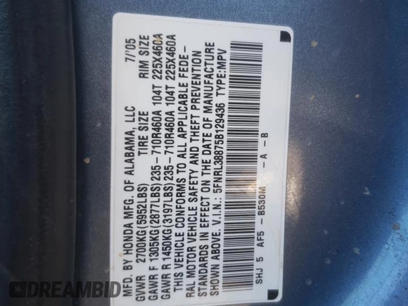2005 Honda Odyssey TOURING with VIN 5FNRL38875B129436, listed as a Copart auction lot 89017365 with 0 mi miles and Salvage Title. Bid and sale history available at carsss.com. Image 16.