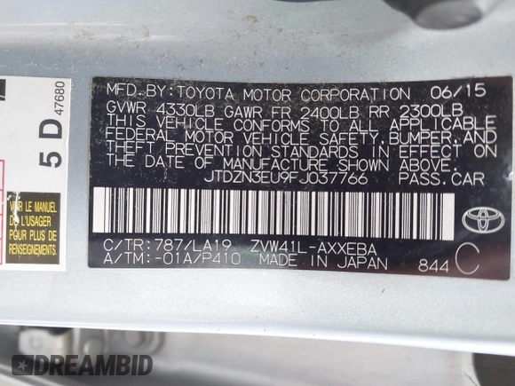 2015 Toyota Prius Two with VIN JTDZN3EU9FJ037766, listed as a IAAI auction lot 42019924 with 277,895 mi miles and . Bid and sale history available at DreamBid. Image 9.