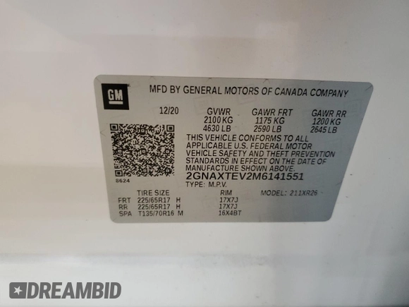 2021 Chevrolet Equinox LT with VIN 2GNAXTEV2M6141551, listed as a Copart auction lot 55253075 with 59,911 mi miles and Salvage title. Bid and sale history available at DreamBid. Image 13.