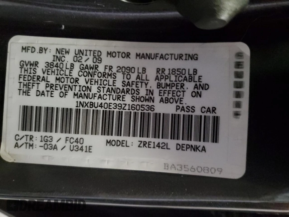 2009 Toyota Corolla with VIN 1NXBU40E39Z160536, listed as a Copart auction lot 74857964 with 90,379 mi miles and Salvage Title. Bid and sale history available at carsss.com. Image 12.