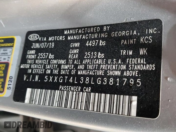 2020 Kia Optima LX with VIN 5XXGT4L38LG381795, listed as a Copart auction lot 85675534 with 84,128 mi miles and Salvage Title. Bid and sale history available at carsss.com. Image 14.