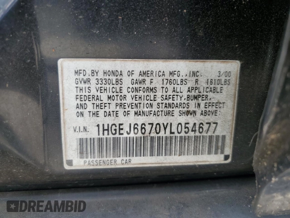 2000 Honda Civic LX z VIN 1HGEJ6670YL054677, wystawiony jako Copart lot #57126335 z przebiegiem 155 471 mil mil oraz Szkoda całkowita • Salvage title. Historia ofert i sprzedaży dostępna na DreamBid. Obrazek 12.