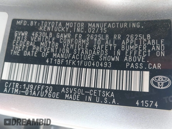 2015 Toyota Camry XLE z VIN 4T1BF1FK1FU040493, wystawiony jako IAAI lot #41767343 z przebiegiem 170 232 mil mil oraz . Historia ofert i sprzedaży dostępna na DreamBid. Obrazek 9.
