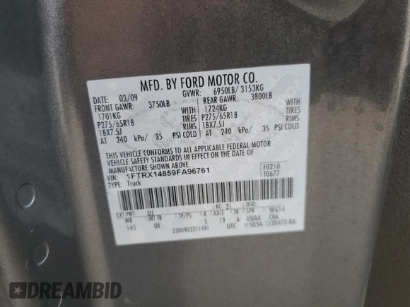 2009 Ford F-150 STX with VIN 1FTRX14859FA96761, listed as a Copart auction lot 44344185 with 100,158 mi miles and Salvage Title. Bid and sale history available at carsss.com. Image 12.