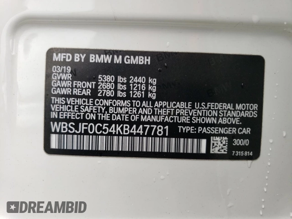 2019 BMW M5 Competition z VIN WBSJF0C54KB447781, wystawiony jako Copart lot #63513033 z przebiegiem 27 417 mil mil oraz Szkoda całkowita • Salvage title. Historia ofert i sprzedaży dostępna na DreamBid. Obrazek 14.