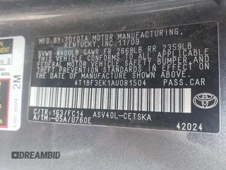 2010 Toyota Camry with VIN 4T1BF3EK1AU081504, listed as a IAAI auction lot 42080686 with 287,328 mi miles and . Bid and sale history available at DreamBid. Image 9.