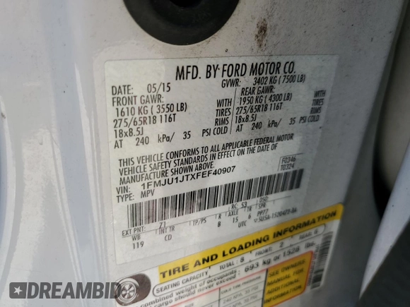 2015 Ford Expedition XLT with VIN 1FMJU1JTXFEF40907, listed as a Copart auction lot 44520755 with Not provided miles and Salvage title. Bid and sale history available at DreamBid. Image 14.