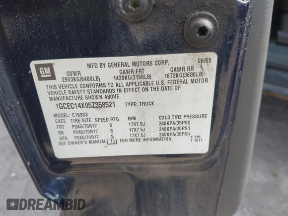 2005 Chevrolet Silverado 1500 with VIN 1GCEC14X05Z358521, listed as a IAAI auction lot 41904914 with 144,170 mi miles and . Bid and sale history available at DreamBid. Image 9.