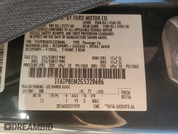 2016 Ford Mustang V6 with VIN 1FATP8EM2G5328686, listed as a Copart auction lot 57043205 with 86,741 mi miles and Salvage title. Bid and sale history available at DreamBid. Image 12.
