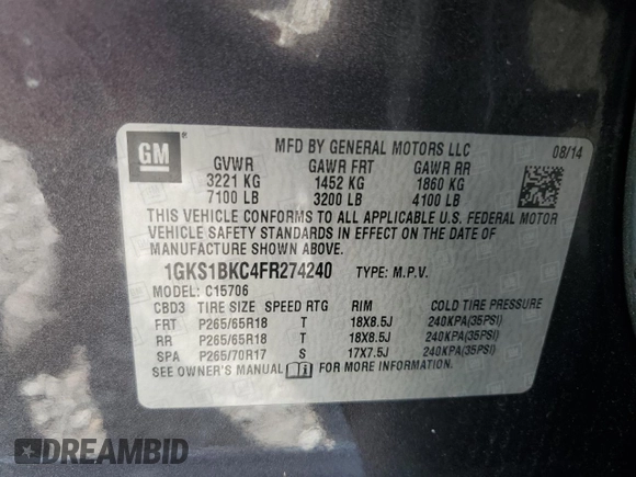 2015 GMC Yukon SLT z VIN 1GKS1BKC4FR274240, wystawiony jako Copart lot #72913884 z przebiegiem 132 096 mil mil oraz Szkoda całkowita • Salvage title. Historia ofert i sprzedaży dostępna na DreamBid. Obrazek 15.