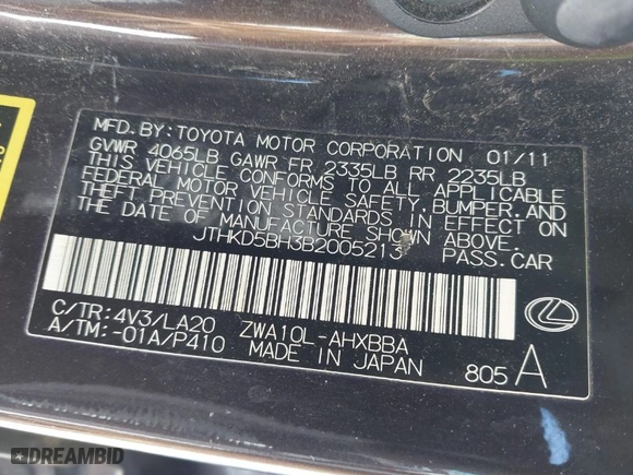 2011 Lexus CT 200h with VIN JTHKD5BH3B2005213, listed as a IAAI auction lot 41608399 with 220,219 mi miles. Bid and sale history available at carsss.com. Image 9.