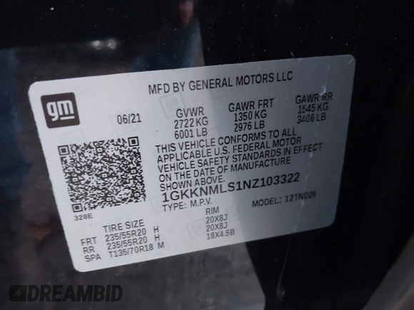 2022 GMC Acadia SLT with VIN 1GKKNMLS1NZ103322, listed as a IAAI auction lot 41033861 with 37,348 mi miles and . Bid and sale history available at DreamBid. Image 9.