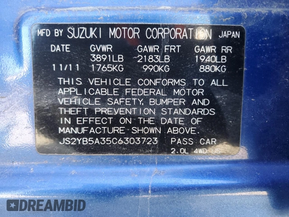 2012 Suzuki SX4 Crossover with VIN JS2YB5A35C6303723, listed as a Copart auction lot 49144865 with 111,849 mi miles and Salvage Title. Bid and sale history available at DreamBid. Image 13.