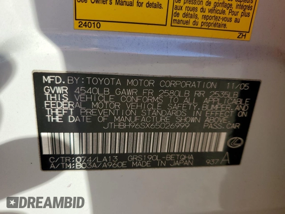 2006 Lexus GS with VIN JTHBH96SX65026999, listed as a Copart auction lot 52609605 with 167,780 mi miles and Salvage Title. Bid and sale history available at carsss.com. Image 14.