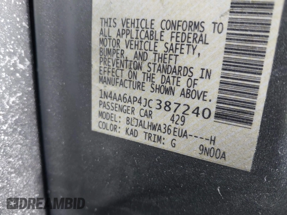 2018 Nissan Maxima SV with VIN 1N4AA6AP4JC387240, listed as a IAAI auction lot 41434629 with 73,162 mi miles and . Bid and sale history available at DreamBid. Image 9.