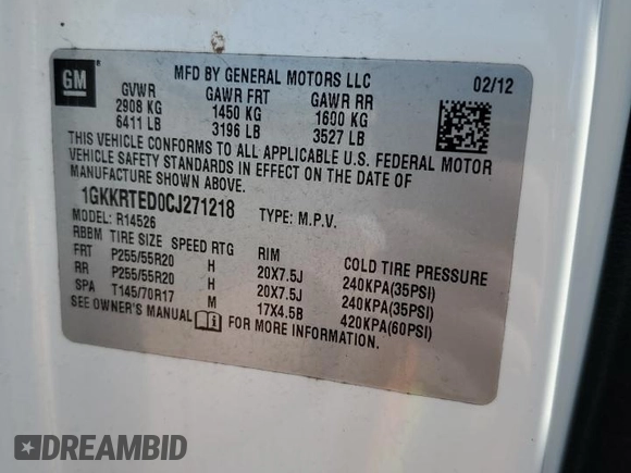 2012 GMC Acadia Denali with VIN 1GKKRTED0CJ271218, listed as a Copart auction lot 56484715 with 182,187 mi miles and Salvage title. Bid and sale history available at DreamBid. Image 13.