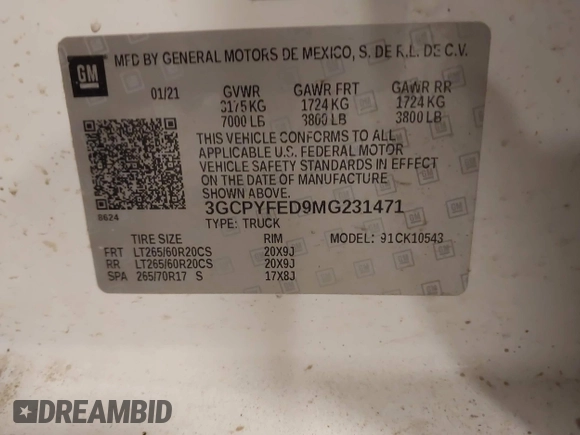 2021 Chevrolet Silverado 1500 LT Trail Boss with VIN 3GCPYFED9MG231471, listed as a IAAI auction lot 41502147 with 74,308 mi miles and . Bid and sale history available at DreamBid. Image 9.
