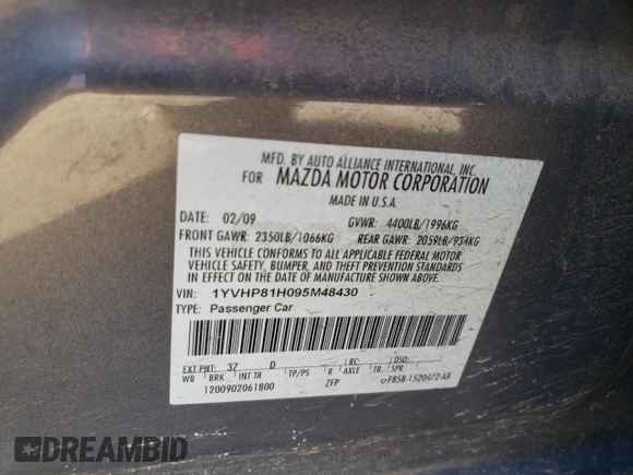 2009 Mazda 6 i Sport with VIN 1YVHP81H095M48430, listed as a Copart auction lot 42357115 with 171,326 mi miles and Salvage Title. Bid and sale history available at carsss.com. Image 13.