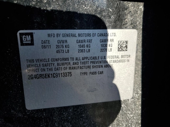 2012 Buick Regal with VIN 2G4GR5EK1C9113375, listed as a Copart auction lot 43062605 with 108,565 mi miles and Salvage title. Bid and sale history available at DreamBid. Image 14.