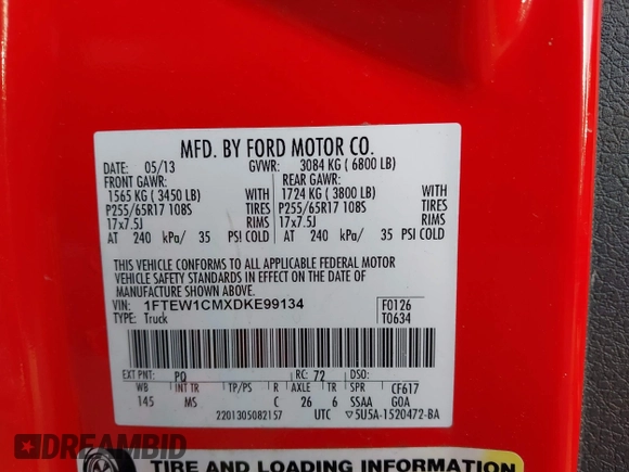 2013 Ford F-150 XL with VIN 1FTEW1CMXDKE99134, listed as a IAAI auction lot 42058789 with 218,432 mi miles. Bid and sale history available at carsss.com. Image 9.