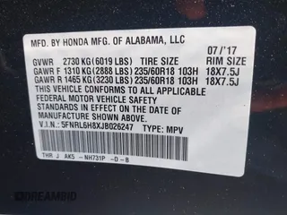 2018 Honda Odyssey Touring with VIN 5FNRL6H8XJB026247, listed as a IAAI auction lot 42298961 with 66,571 mi miles and . Bid and sale history available at DreamBid. Image 9.