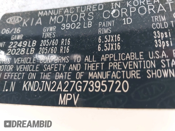 2016 Kia Soul with VIN KNDJN2A27G7395720, listed as a IAAI auction lot 41776445 with 168,975 mi miles and . Bid and sale history available at DreamBid. Image 9.