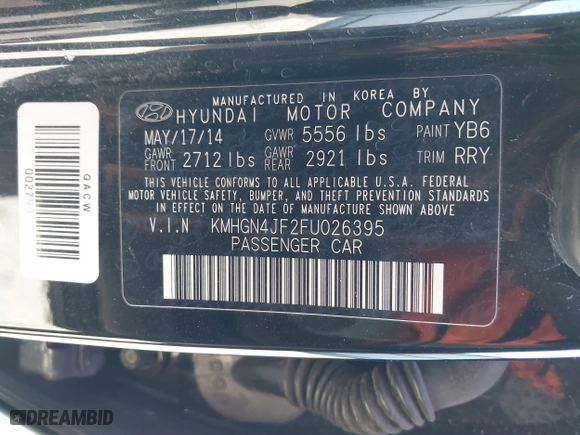 2015 Hyundai Genesis 5.0L with VIN KMHGN4JF2FU026395, listed as a IAAI auction lot 41675475 with 113,174 mi miles. Bid and sale history available at carsss.com. Image 9.