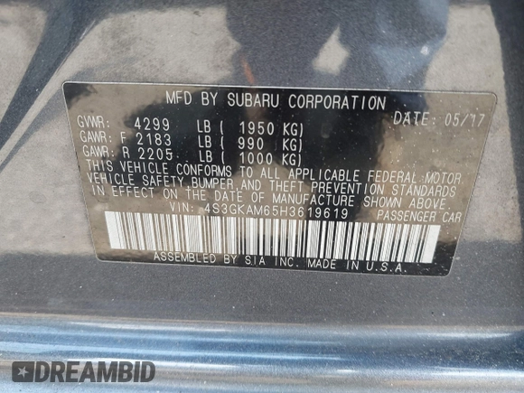 2017 Subaru Impreza Special Sports with VIN 4S3GKAM65H3619619, listed as a IAAI auction lot 42682256 with 140,346 mi miles and . Bid and sale history available at DreamBid. Image 9.