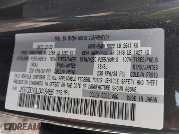 2020 Mazda CX-9 Touring with VIN JM3TCBCY9L0418456, listed as a IAAI auction lot 41792143 with 40,981 mi miles. Bid and sale history available at carsss.com. Image 9.