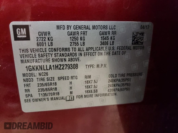 2017 GMC Acadia SLE z VIN 1GKKNLLA1HZ279308, wystawiony jako Copart lot #55702685 z przebiegiem 181 135 mil mil oraz Czysty tytuł • Clean title. Historia ofert i sprzedaży dostępna na DreamBid. Obrazek 13.