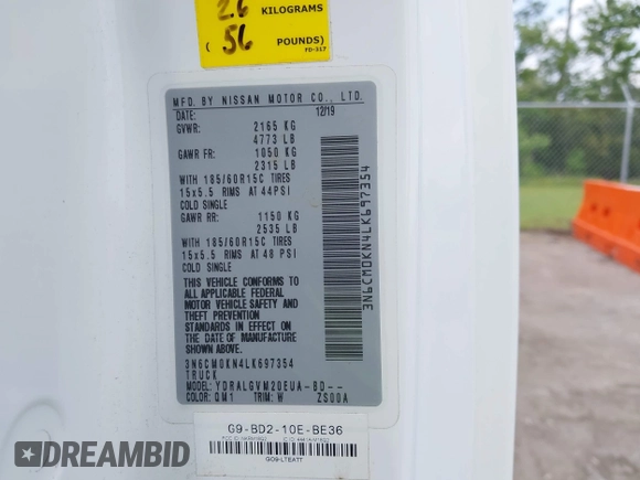 2020 Nissan NV200 SV with VIN 3N6CM0KN4LK697354, listed as a IAAI auction lot 42410957 with 112,991 mi miles and . Bid and sale history available at DreamBid. Image 9.