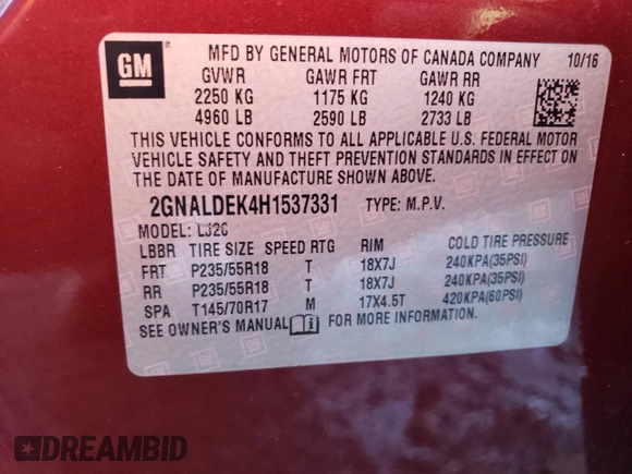 2017 Chevrolet Equinox Premier with VIN 2GNALDEK4H1537331, listed as a Copart auction lot 45190865 with 129,661 mi miles and Salvage Title. Bid and sale history available at carsss.com. Image 13.