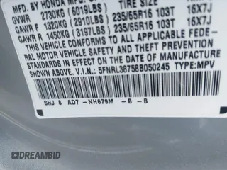 2008 Honda Odyssey EX-L with VIN 5FNRL38758B050245, listed as a IAAI auction lot 41358323 with 145,010 mi miles and . Bid and sale history available at DreamBid. Image 9.