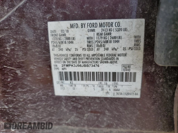 2018 Ford Edge SEL with VIN 2FMPK3J98JBB73476, listed as a Copart auction lot 50545465 with 114,815 mi miles and Salvage Title. Bid and sale history available at carsss.com. Image 14.