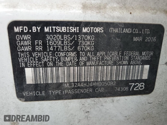 2017 Mitsubishi Mirage SE z VIN ML32A4HJ4HH005082, wystawiony jako Copart lot #56190445 z przebiegiem 114 177 mil mil oraz Szkoda całkowita • Salvage title. Historia ofert i sprzedaży dostępna na DreamBid. Obrazek 13.