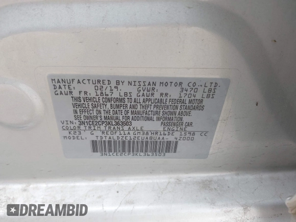 2019 Nissan Note SV z VIN 3N1CE2CP3KL363503, wystawiony jako IAAI lot #41811652 z przebiegiem 91 101 mil mil oraz . Historia ofert i sprzedaży dostępna na DreamBid. Obrazek 9.